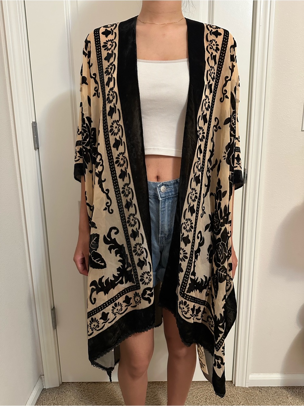 Free People Beige & Black Velvet Burnout Kimono